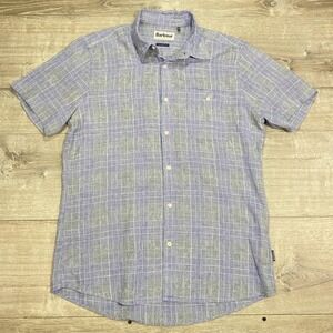Barbour Shirt Mens Large Blue Gray Plaid Tailored Fit Short Sleeve Linen
